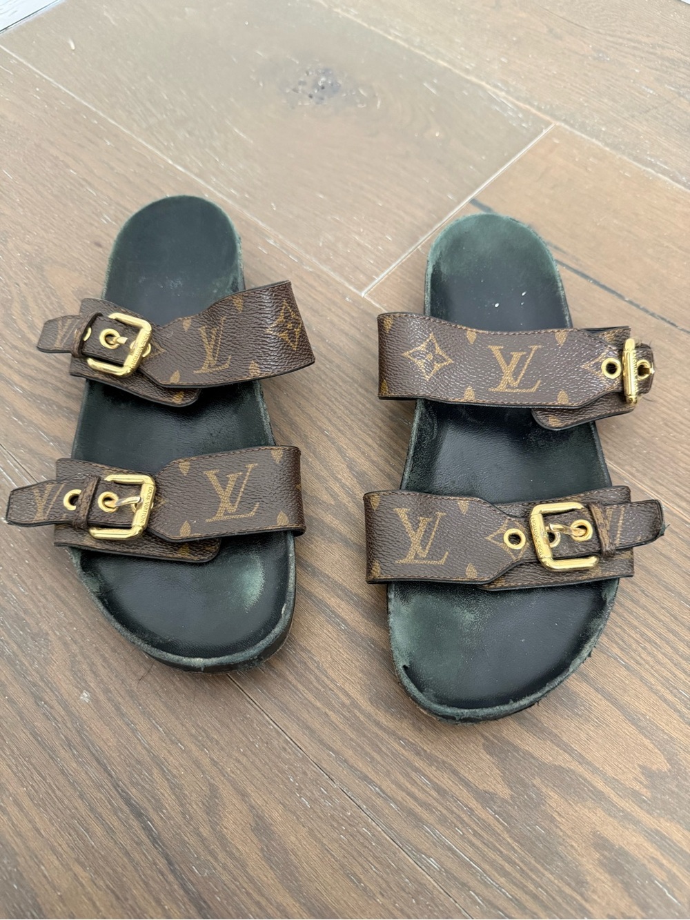 Louis Vuitton Monogram Double-Strap Buckle Sandals in Brown and Gold